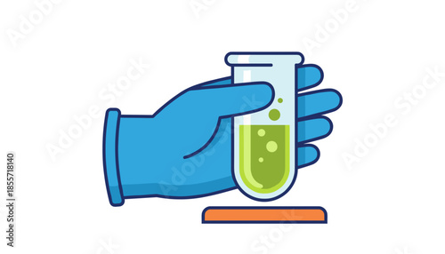 Laboratory glove holding a test tube with green bubbling liquid isolated on white background, scientific discovery concept
