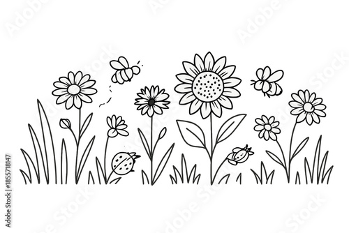 Charming Doodle of a Sunflower Field with Bees and Ladybugs