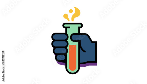 Laboratory glove holding a test tube with reaction bubbles isolated on white background, scientific discovery concept