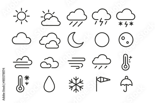 Collection of outline weather icons on a dark background