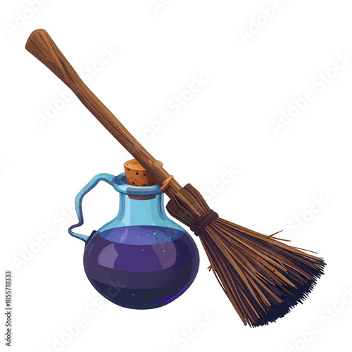 Cartoon illustration of a magical broomstick leaning against a glass bottle with purple potion, isolated on white.