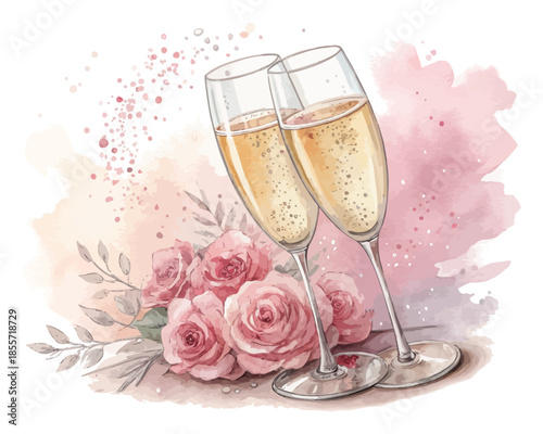 Watercolor Champagne Glasses Romantic Celebration vector illustration isolated on white background