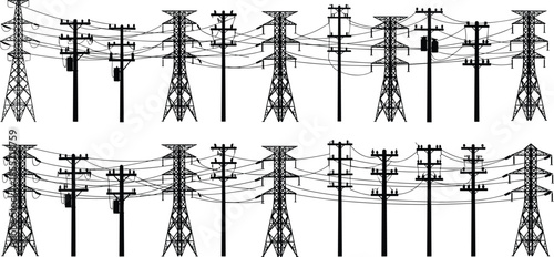 Electrical transmission tower illustration set, utility pole vector artwork, power line infrastructure design, energy distribution artwork, industrial silhouette artwork