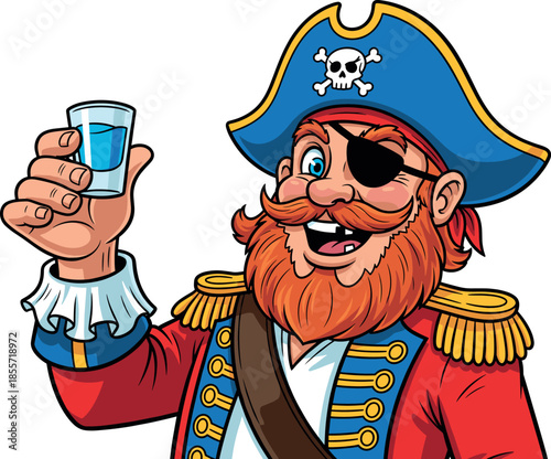 Cheerful Cartoon Pirate Captain Mascot Vector: Swashbuckler Character with a Red Beard and Eyepatch Cheering and Holding Up a Shot Glass of Clear Alcohol or Water, Isolated on White