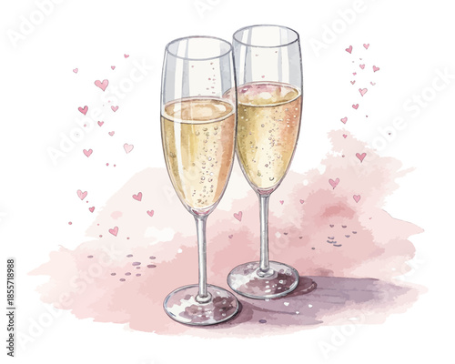 Watercolor Champagne Glasses Romantic Celebration vector illustration isolated on white background