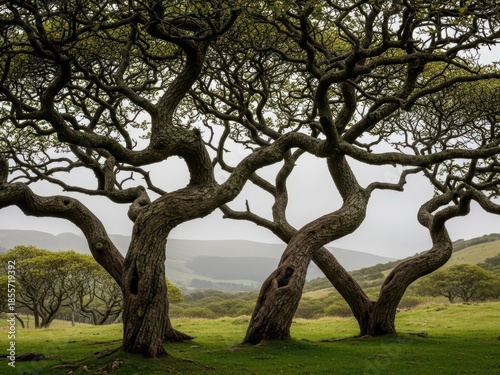 Two large trees with twisted branches standing in a green field with hills in the background on a cloudy day