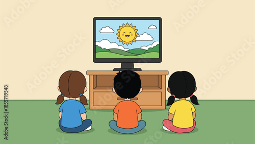 Three cute cartoon children sitting on floor watching television with happy sun cartoon on screen, living room interior, back view vector illustration.