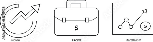 This image presents a minimalist collection of business growth and financial line icons designed in a clean, professional black-and-white style. The set features three primary concepts: Growth.