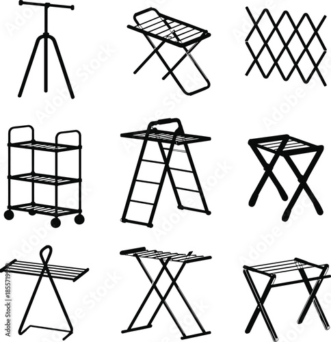 Folding stand icons, collapsible rack designs, household utility furniture, portable storage illustration, travel accessory symbols, organizational support structures