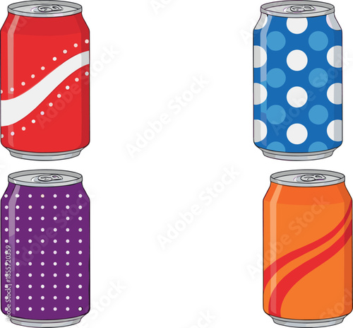 Colorful vector illustration set of four generic soda or pop cans featuring vibrant, abstract designs and polka dot patterns, ideal for beverage packaging and advertising concepts.