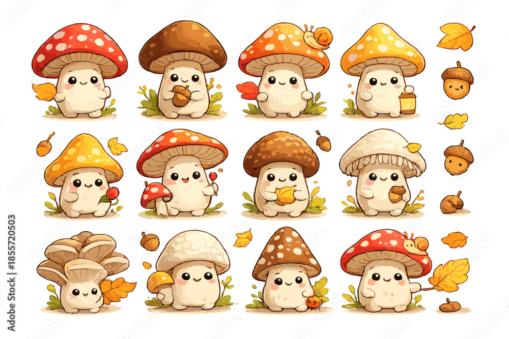 Obraz premium Cute Mushroom Characters with Autumn Elements