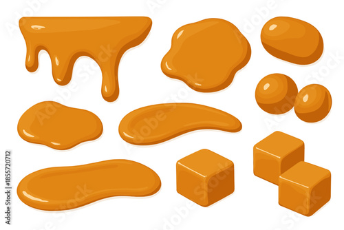 Realistic Caramel Drops and Cubes on a Golden Background