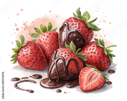 Watercolor Chocolate Covered Strawberries Valentine Dessert Icon vector illustration isolated on white background