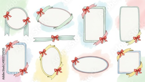 Collection of decorative frames and borders with ribbons and bows in pastel colors