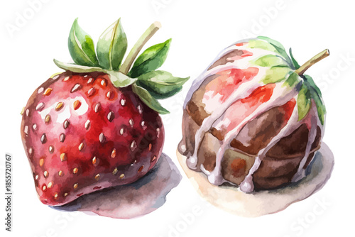 Watercolor Chocolate Covered Strawberries – Valentine Dessert Icon Isolated on White