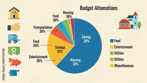 Colorful infographic depicting budget allocation percentages in various categories.