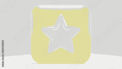 3D star icon on rounded square yellow button with flying reflective stars background.
