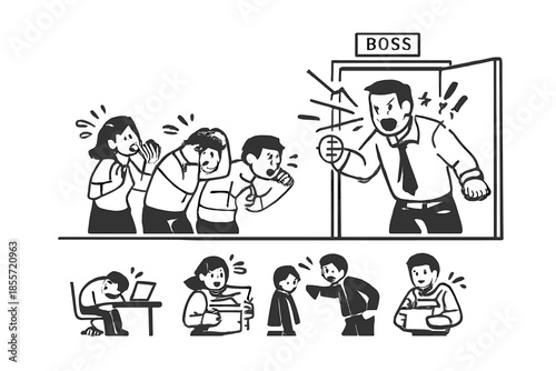 Angry boss yelling at scared employees