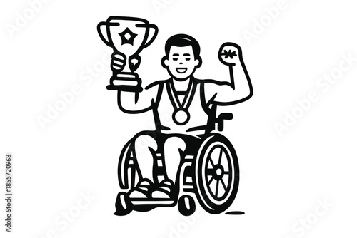 Happy Athlete in Wheelchair Holding Trophy and Medal