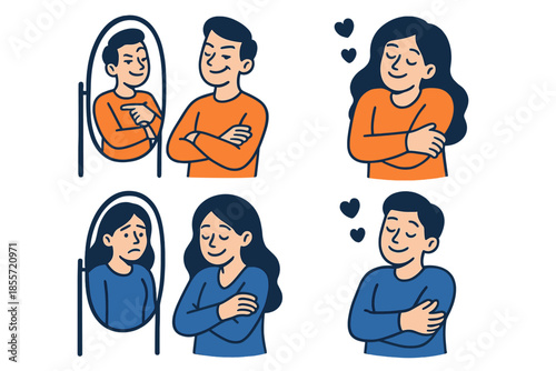 Self-acceptance and self-love illustrated with people embracing themselves