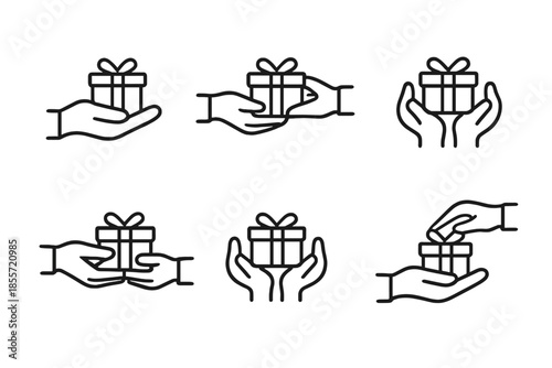 Set of six gift-giving icons in a line art style