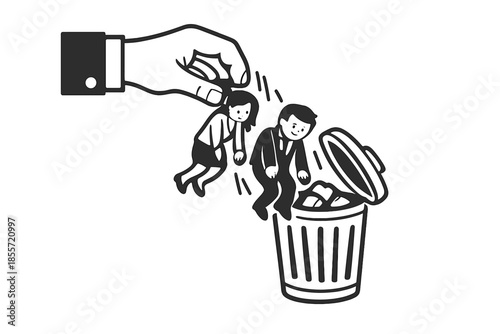 Cartoon hand discarding employees into trash can