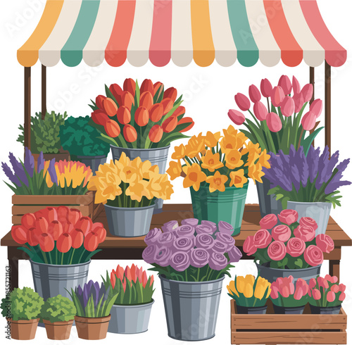 Colorful flowers in buckets under a striped awning tulips vector illustration EPS file download.
