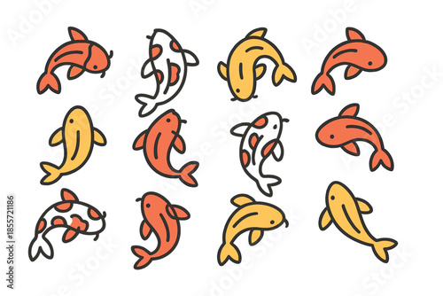 Set of colorful Japanese koi fish swimming