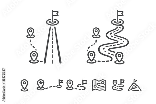 Roadmap and navigation path line icons set