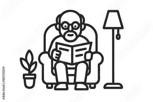 Senior man reading newspaper in armchair line icon