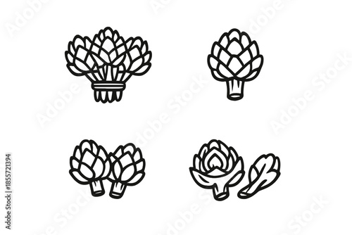 Four line art icons of artichokes on a dark background.