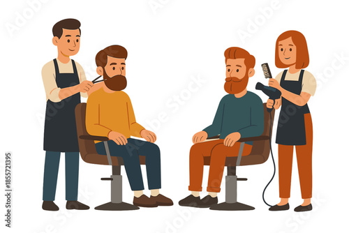 Barber Shop Scene with Two Stylists and Customers