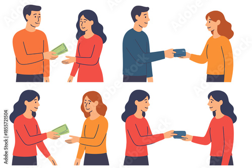Diverse people exchanging money and cards in a digital world