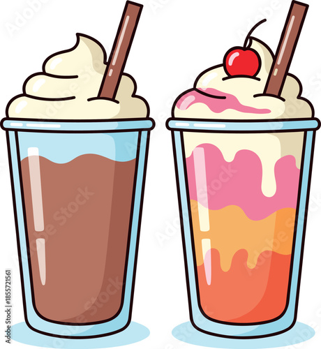 Cute cartoon vector illustration of two iced desserts: a rich chocolate frappe and a colorful layered fruit parfait, both topped with whipped cream.