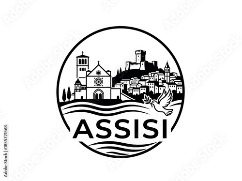 Assisi city of Italy skyline emblem with landmarks