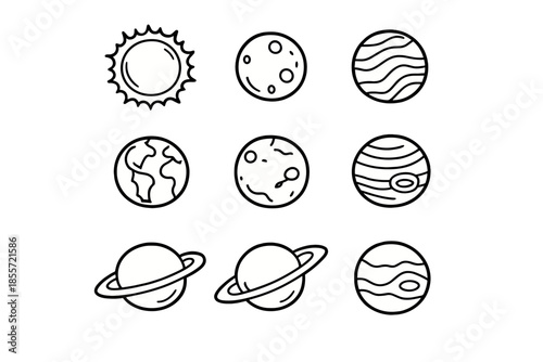 Collection of Hand-Drawn Celestial Body Icons on Gold Background