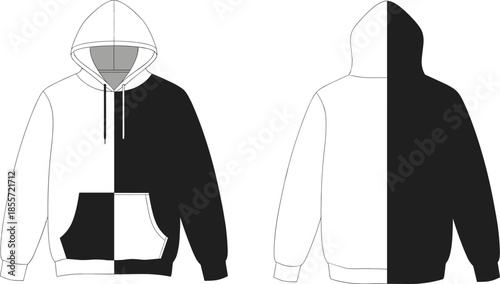 Black white split hoodie front back view, fashion sweatshirt design, color block garment, cad drawing flat vector illustration