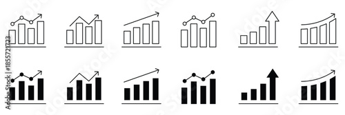 Growth icon set. Financial profit black line and solid icon set. Containing arrow up, growing graph, business chart icons. Vector illustration.