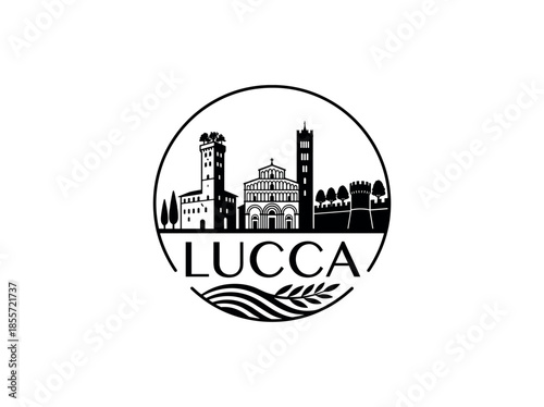 Lucca city of Italy skyline emblem with landmarks