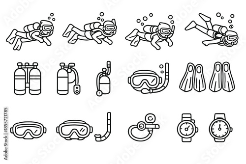 Scuba Diving Equipment and Diver Line Icon Set