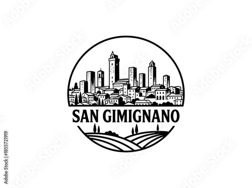 San Gimignano city of Italy skyline emblem with landmarks