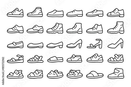 Set of hand drawn shoe icons and footwear outlines