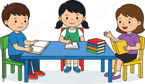 Three happy school children sitting at table studying together, reading books and writing homework, education concept vector illustration isolated on white.