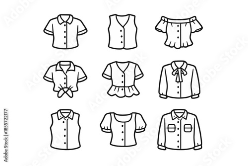 Collection of nine stylized cartoon shirts on a gray background