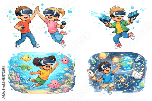 Kids Experiencing Virtual Reality in Different Worlds