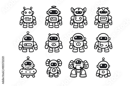 Cute hand drawn robot doodle icon set