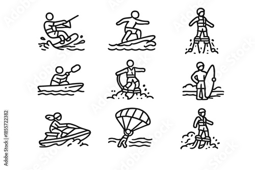 Hand drawn water sports doodle icon set