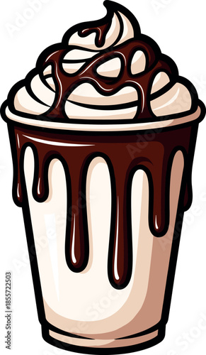 Decadent cartoon vector illustration of a milkshake or frappe in a takeaway cup, generously topped with whipped cream and dripping chocolate syrup sauce.