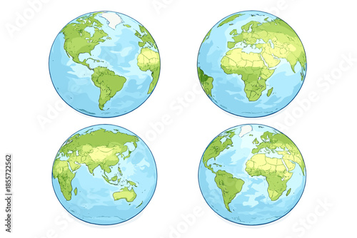 Four Earth globes with different continent views against a gradient background