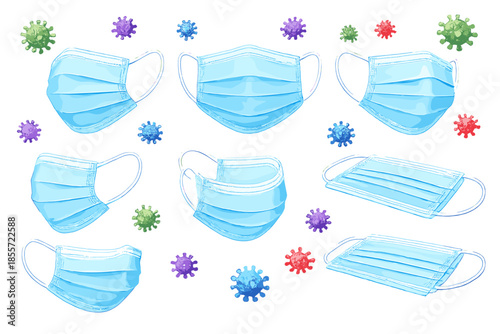 Medical masks and viruses on a gradient background